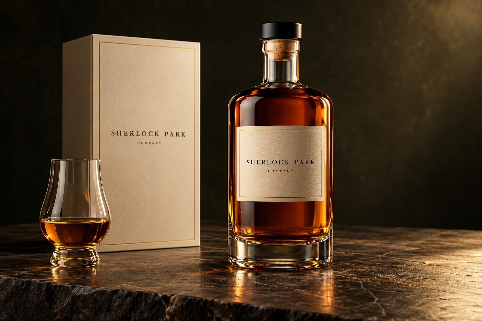Illustrative bespoke amber whiskey bottle with premium presentation packaging